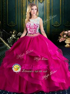 Classical Scoop Lace and Ruffles 15 Quinceanera Dress Fuchsia Lace Up Sleeveless With Brush Train