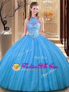 Baby Blue High-neck Neckline Embroidery Ball Gown Prom Dress Sleeveless Backless