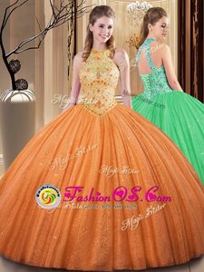 Embroidery and Hand Made Flower Quinceanera Gown Orange Backless Sleeveless Floor Length