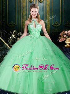 Halter Top Apple Green Sleeveless Beading and Lace and Ruffles and Ruching Floor Length Vestidos de Quinceanera