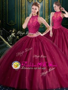 Attractive Burgundy Sleeveless Tulle Lace Up Quince Ball Gowns for Military Ball and Sweet 16 and Quinceanera