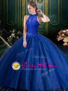 Fashionable Sleeveless Tulle Floor Length Lace Up Sweet 16 Quinceanera Dress in Navy Blue for with Beading and Appliques