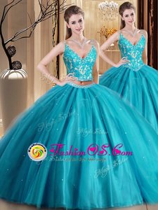 Luxurious Sleeveless Tulle Floor Length Lace Up Quinceanera Gown in Teal for with Beading and Lace and Appliques