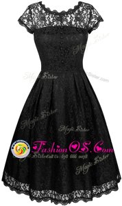 Traditional Scalloped Black Short Sleeves Chiffon Zipper Evening Dress for Prom and Party