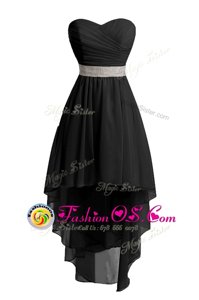 Flare Black Organza Lace Up Womens Evening Dresses Sleeveless High Low Belt