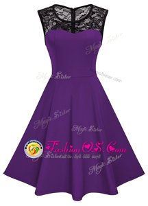 Lovely Scoop Purple A-line Lace Homecoming Dress Zipper Satin Sleeveless Knee Length
