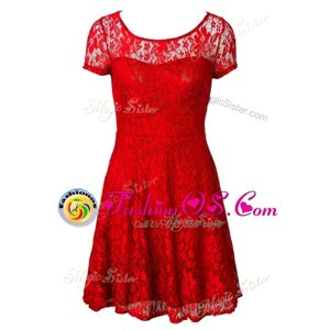 Red Organza Side Zipper Scoop Short Sleeves Tea Length Prom Dresses Lace