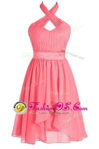 Halter Top Tea Length Backless Homecoming Dresses Watermelon Red and In for Prom and Party with Ruching and Belt