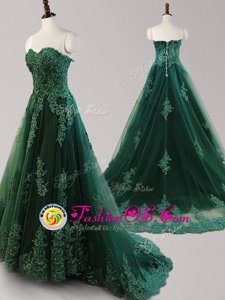 Pretty Dark Green Lace Up Prom Party Dress Beading and Appliques Sleeveless Brush Train