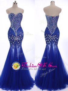 Luxurious Royal Blue Mermaid Beading Prom Dresses Zipper Tulle Sleeveless