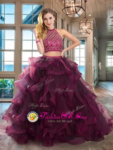 Halter Top Sleeveless Organza With Brush Train Backless Sweet 16 Quinceanera Dress in Fuchsia for with Beading and Ruffles