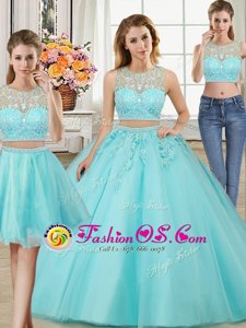 Three Piece Aqua Blue Ball Gowns Tulle Scoop Sleeveless Beading and Appliques Floor Length Zipper Quinceanera Dresses