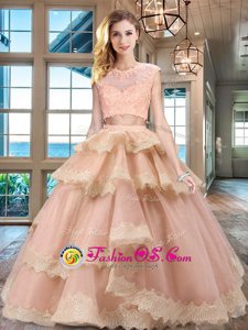 Cute Scoop Cap Sleeves Floor Length Zipper Quinceanera Dress Peach and In for Military Ball and Sweet 16 and Quinceanera with Beading and Lace and Appliques and Ruffled Layers