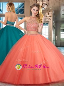 Fashion Halter Top Beading Quinceanera Gown Orange Red Backless Sleeveless Floor Length