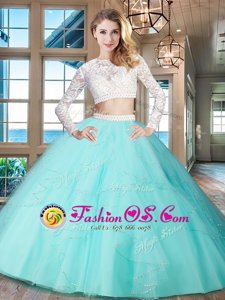 Delicate Scoop Long Sleeves Floor Length Zipper Ball Gown Prom Dress Aqua Blue and In for Military Ball and Sweet 16 and Quinceanera with Beading and Lace and Ruffles