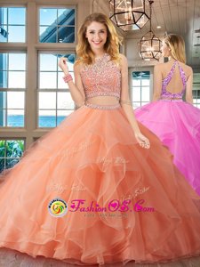 Organza Scoop Sleeveless Backless Beading and Ruffles 15th Birthday Dress in Peach