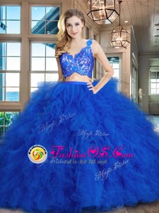 Adorable Tulle Sleeveless 15th Birthday Dress Brush Train and Lace and Ruffles