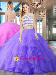 Lavender Quinceanera Gown Military Ball and Sweet 16 and Quinceanera and For with Beading and Ruffles Scoop Sleeveless Brush Train Backless