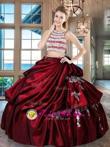 Discount Scoop Backless Floor Length Wine Red 15th Birthday Dress Taffeta Sleeveless Beading and Appliques and Pick Ups