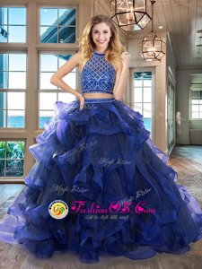 Admirable Royal Blue Halter Top Neckline Beading and Ruffles Ball Gown Prom Dress Sleeveless Backless