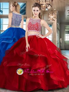 Sexy Red Bateau Neckline Beading and Ruffles Quinceanera Gowns Sleeveless Side Zipper