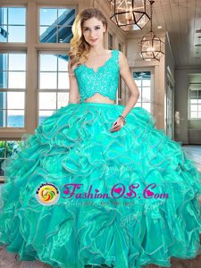 Turquoise Sleeveless Floor Length Lace and Ruffles Zipper Quince Ball Gowns