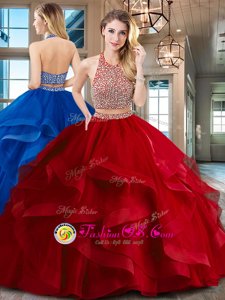 Red Backless Halter Top Beading and Ruffles Quinceanera Dress Tulle Sleeveless Brush Train