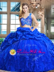 Royal Blue Taffeta and Tulle Zipper V-neck Sleeveless 15 Quinceanera Dress Brush Train Lace and Ruffles and Pick Ups