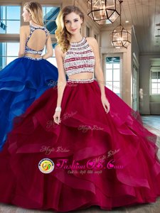 Great Wine Red Tulle Backless Scoop Sleeveless With Train Sweet 16 Dress Brush Train Beading and Ruffles