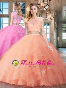 Brush Train Two Pieces Sweet 16 Dress Peach Scoop Organza Cap Sleeves With Train Zipper