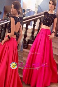 Custom Made Scoop Pink And Black Prom Dress Satin Brush Train Short Sleeves Lace