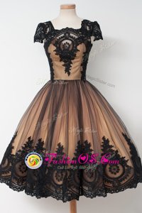Black Prom Evening Gown Prom and Party and For with Lace Square Cap Sleeves Zipper