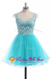 Glittering Knee Length Backless Dress for Prom Aqua Blue and In for Prom and Party with Appliques