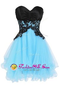 Appliques Blue And Black Lace Up Sleeveless Mini Length