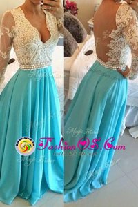 Customized Baby Blue Chiffon Backless Homecoming Dress Long Sleeves Floor Length Lace