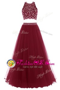 Scoop Sleeveless Tulle Prom Dress Beading and Appliques Side Zipper