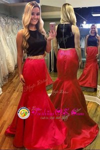 Deluxe Mermaid Scoop Sleeveless Zipper Prom Gown Red And Black Satin