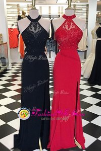 Flirting Scoop Sleeveless Prom Gown With Train Sweep Train Beading and Lace Black Elastic Woven Satin