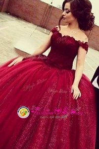 Pretty Off the Shoulder Wine Red Short Sleeves Lace Floor Length Mother Of The Bride Dress