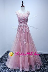 Suitable Scoop Pink Tulle Lace Up Prom Party Dress Sleeveless Floor Length Appliques