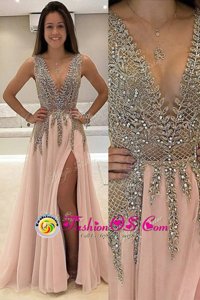 Champagne Sleeveless Brush Train Beading With Train Red Carpet Gowns