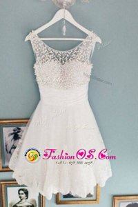 Scoop Lace Sleeveless Knee Length Beading Zipper Prom Evening Gown with White