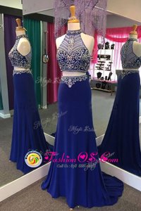 Elastic Woven Satin High-neck Sleeveless Sweep Train Zipper Beading Prom Dress in Royal Blue