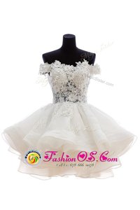 Off The Shoulder Sleeveless Prom Party Dress Knee Length Beading White Organza and Lace