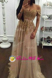 Classical Off The Shoulder Short Sleeves Sweep Train Zipper Prom Party Dress Champagne Tulle