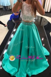 Amazing Scoop Turquoise Zipper Beading and Lace Sleeveless With Train
