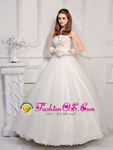 White Lace Up Wedding Gown Beading Sleeveless Ankle Length