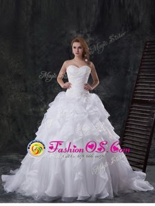 Inexpensive With Train White Wedding Dresses Sweetheart Sleeveless Brush Train Lace Up