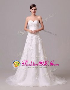 Latest White Lace Up Sweetheart Appliques and Hand Made Flower Wedding Dresses Chiffon Sleeveless Brush Train