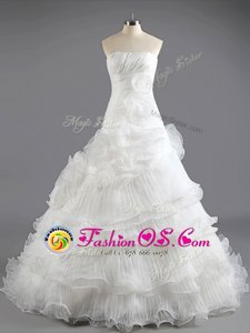 High End White Column/Sheath Ruffled Layers Wedding Dresses Lace Up Organza Sleeveless With Train